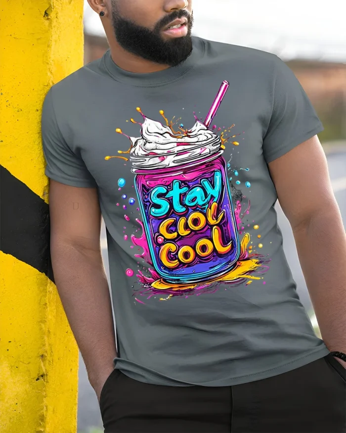 Stay Cool Colorful Milkshake Jar Graphic T-Shirt - model in grey shirt leaning against column