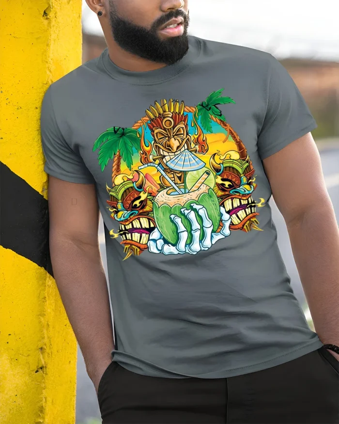Tiki Skull Tropical Coconut Drink Graphic T-Shirt - model in grey shirt leaning against column