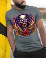 Skull With Dragons and Red Rose Fire Art T-Shirt - model in grey shirt leaning against column