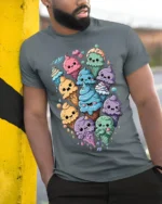 Cute Kawaii Colorful Ice Cream Cone Graphic T-Shirt - model in grey shirt leaning against column