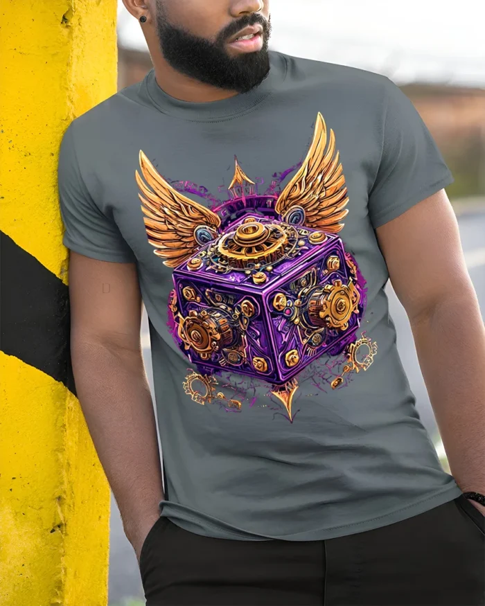 Steampunk Winged Gear Cube Mechanical Art T-Shirt - model in grey shirt leaning against column
