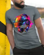 Color Splash Futuristic Combat Helmet Graphic T-Shirt - model in grey shirt leaning against column