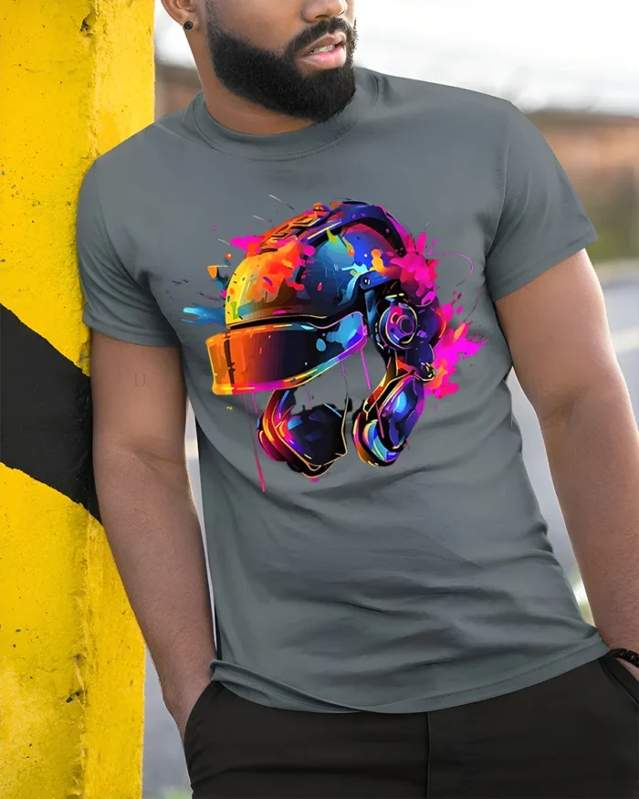 Color Splash Futuristic Combat Helmet Graphic T-Shirt - model in grey shirt leaning against column