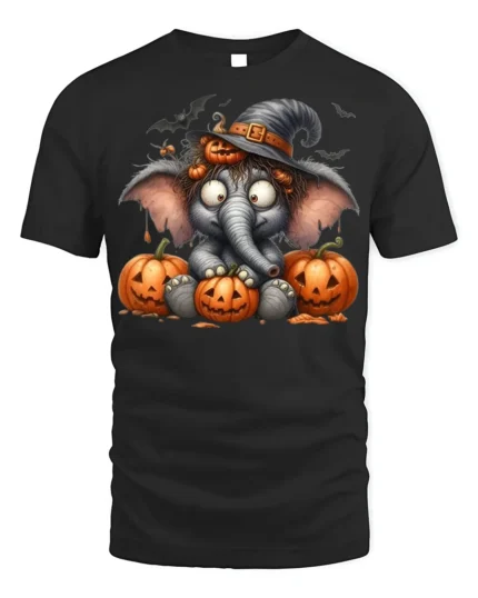 Cute Halloween Elephant Pumpkin T-Shirt - black t-shirt on white background