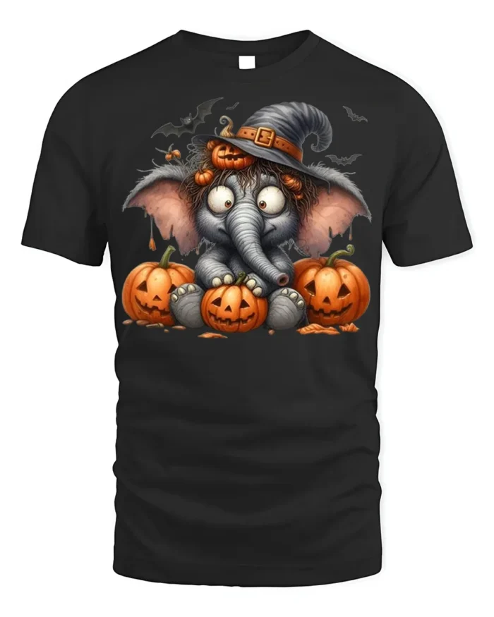 Cute Halloween Elephant Pumpkin T-Shirt - black t-shirt on white background