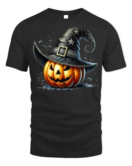 Witch Hat Jack-O’-Lantern Halloween T-Shirt - black t-shirt on white background