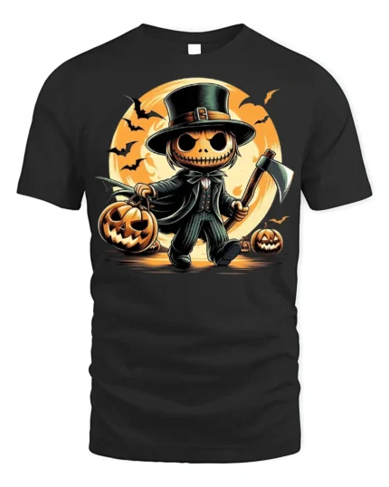 Pumpkin Head Axe Halloween Moonlight T-Shirt - black t-shirt on white background