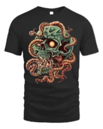Green Skull Tentacle Horror Halloween T-Shirt - black t-shirt on white background