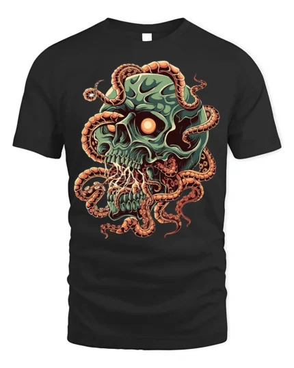 Green Skull Tentacle Horror Halloween T-Shirt - black t-shirt on white background
