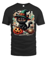 Cute Black Cat Witch Halloween Pumpkin T-Shirt - black t-shirt on white background