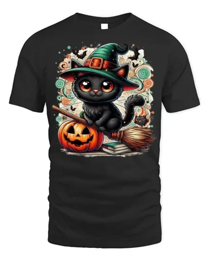 Cute Black Cat Witch Halloween Pumpkin T-Shirt - black t-shirt on white background