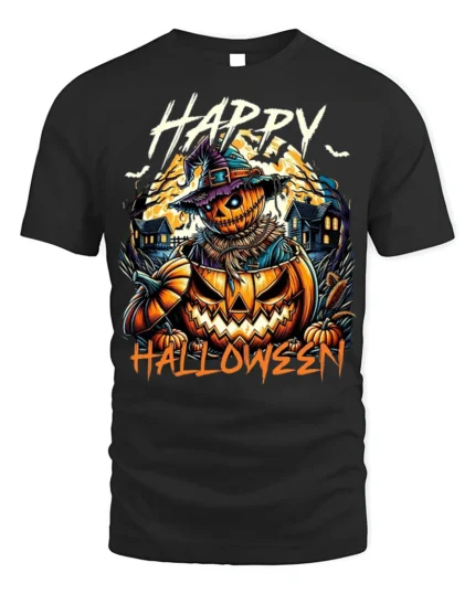 Creepy Pumpkin Scarecrow Happy Halloween T-Shirt - black t-shirt on white background