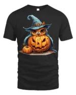 Halloween Owl with Pumpkin Witch Hat T-Shirt - black t-shirt on white background