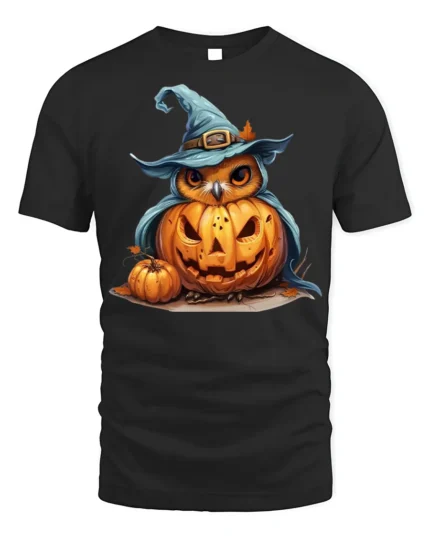 Halloween Owl with Pumpkin Witch Hat T-Shirt - black t-shirt on white background