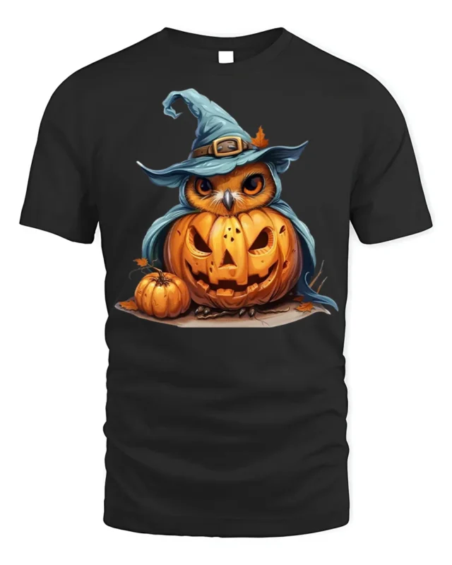 Halloween Owl with Pumpkin Witch Hat T-Shirt - black t-shirt on white background