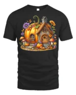 Whimsical Pumpkin Cottage Autumn T-Shirt - black t-shirt on white background