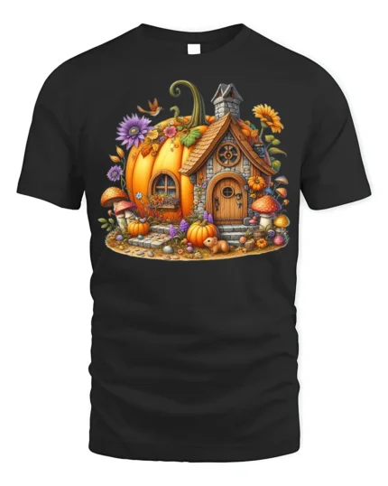 Whimsical Pumpkin Cottage Autumn T-Shirt - black t-shirt on white background