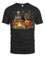 Skeleton Pumpkin Campfire Halloween T-Shirt - black t-shirt on white background