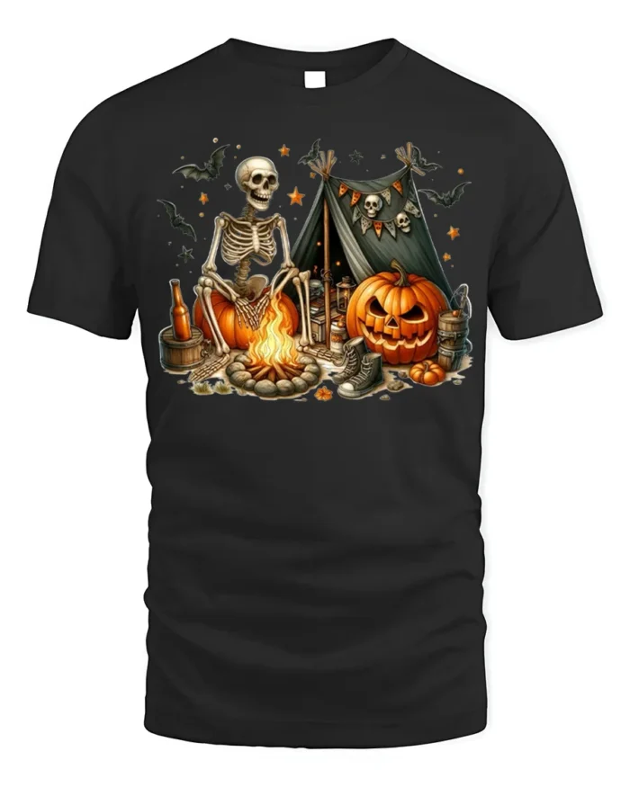 Skeleton Pumpkin Campfire Halloween T-Shirt - black t-shirt on white background