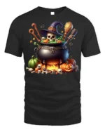 Spooky Witch Cauldron Halloween T-Shirt - black t-shirt on white background