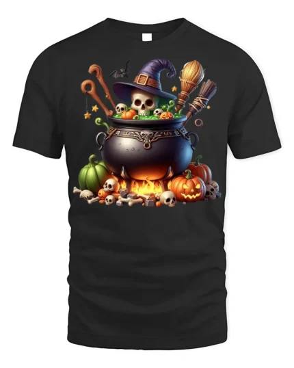 Spooky Witch Cauldron Halloween T-Shirt - black t-shirt on white background
