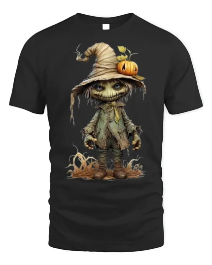 Creepy Pumpkin Head Scarecrow Halloween T-Shirt - black t-shirt on white background