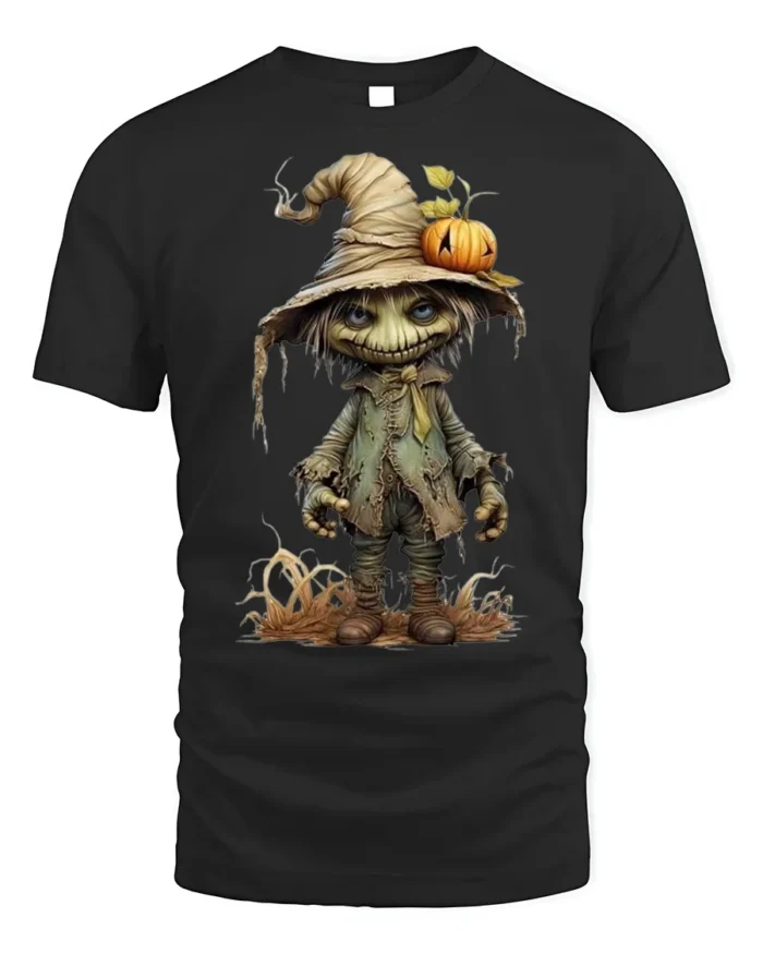 Creepy Pumpkin Head Scarecrow Halloween T-Shirt - black t-shirt on white background