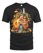 Whimsical Pumpkin House Autumn Harvest T-Shirt - black t-shirt on white background