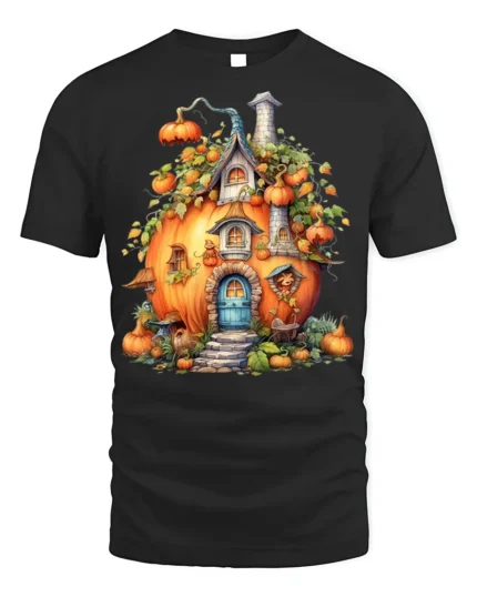 Whimsical Pumpkin House Autumn Harvest T-Shirt - black t-shirt on white background