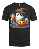 Cute Ghost Pumpkin Drink Halloween T-Shirt - black t-shirt on white background