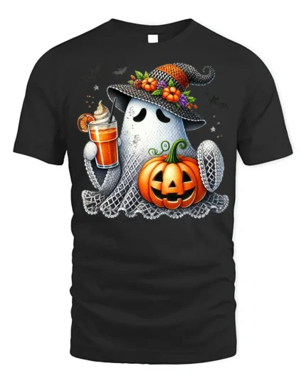 Cute Ghost Pumpkin Drink Halloween T-Shirt - black t-shirt on white background