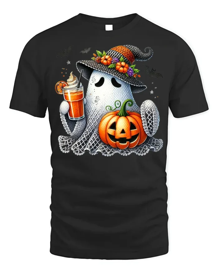 Cute Ghost Pumpkin Drink Halloween T-Shirt - black t-shirt on white background