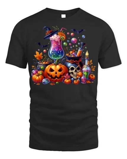 Colorful Halloween Potion and Pumpkin T-Shirt - black t-shirt on white background