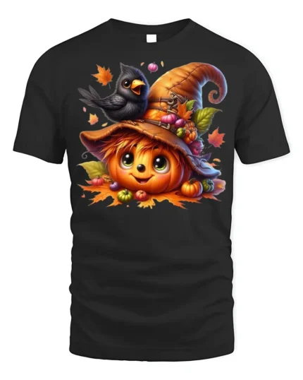 Cute Pumpkin Crow Autumn Harvest T-Shirt - black t-shirt on white background