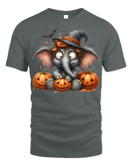 Cute Halloween Elephant Pumpkin T-Shirt - gray t-shirt on white background