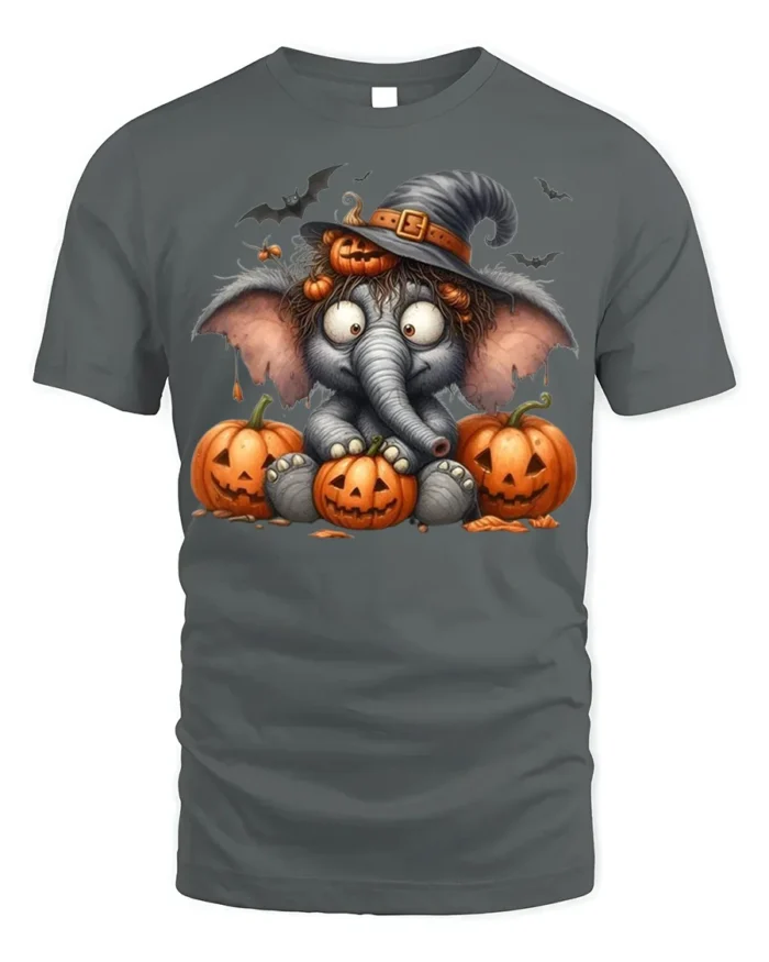 Cute Halloween Elephant Pumpkin T-Shirt - gray t-shirt on white background