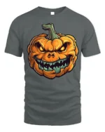 Scary Evil Grinning Pumpkin Halloween T-Shirt - gray t-shirt on white background