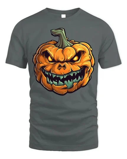 Scary Evil Grinning Pumpkin Halloween T-Shirt - gray t-shirt on white background