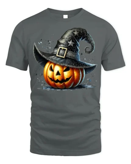 Witch Hat Jack-O’-Lantern Halloween T-Shirt - gray t-shirt on white background