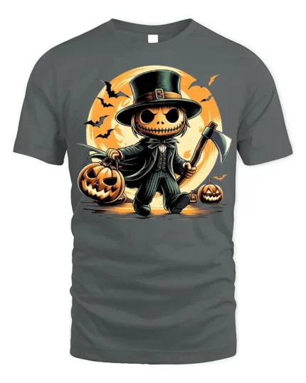 Pumpkin Head Axe Halloween Moonlight T-Shirt - gray t-shirt on white background
