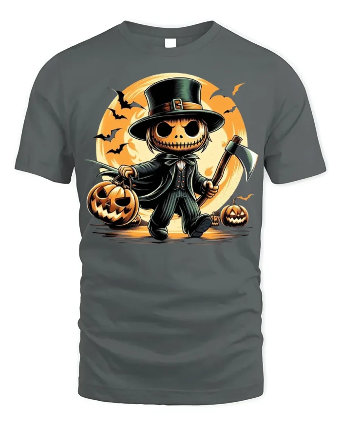 Pumpkin Head Axe Halloween Moonlight T-Shirt - gray t-shirt on white background