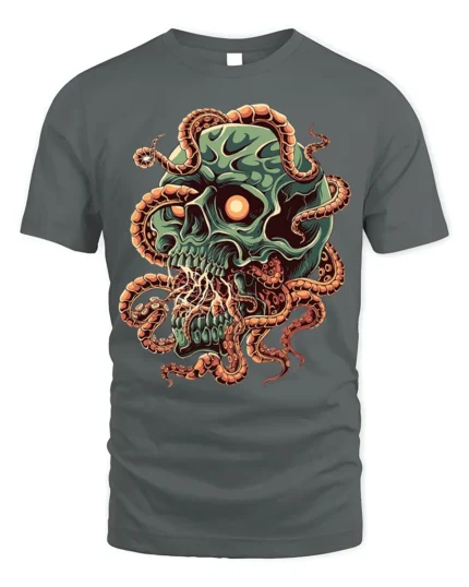 Green Skull Tentacle Horror Halloween T-Shirt - gray t-shirt on white background