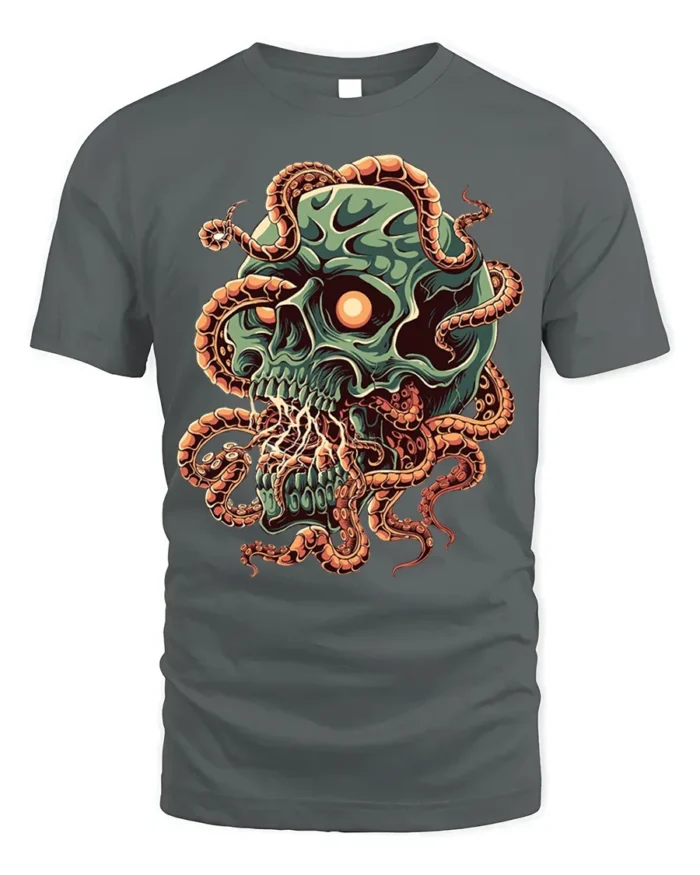Green Skull Tentacle Horror Halloween T-Shirt - gray t-shirt on white background