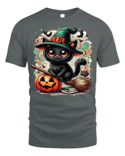 Cute Black Cat Witch Halloween Pumpkin T-Shirt - gray t-shirt on white background