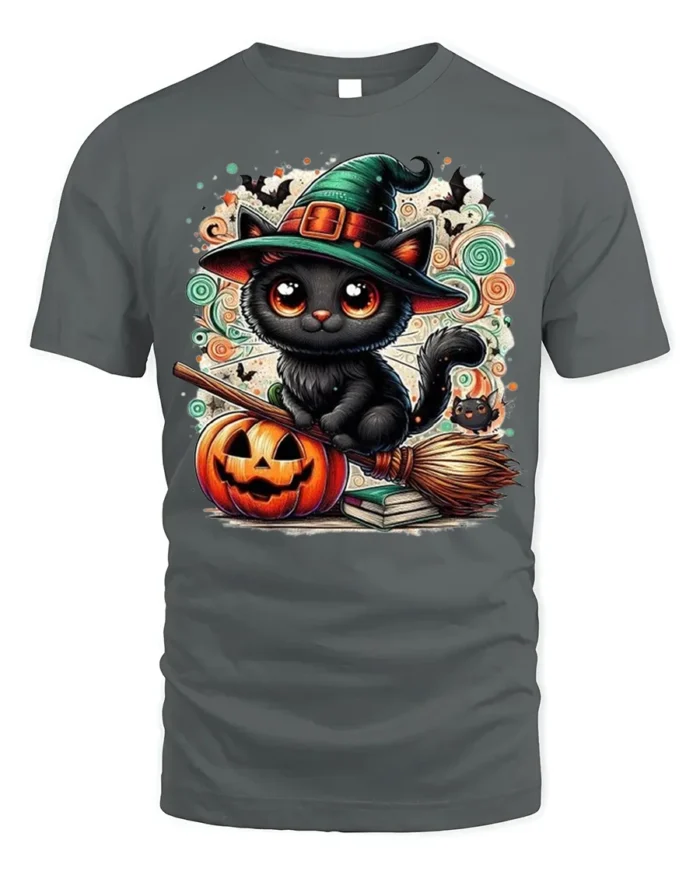 Cute Black Cat Witch Halloween Pumpkin T-Shirt - gray t-shirt on white background