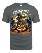 Creepy Pumpkin Scarecrow Happy Halloween T-Shirt - gray t-shirt on white background