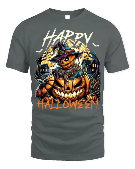 Creepy Pumpkin Scarecrow Happy Halloween T-Shirt - gray t-shirt on white background