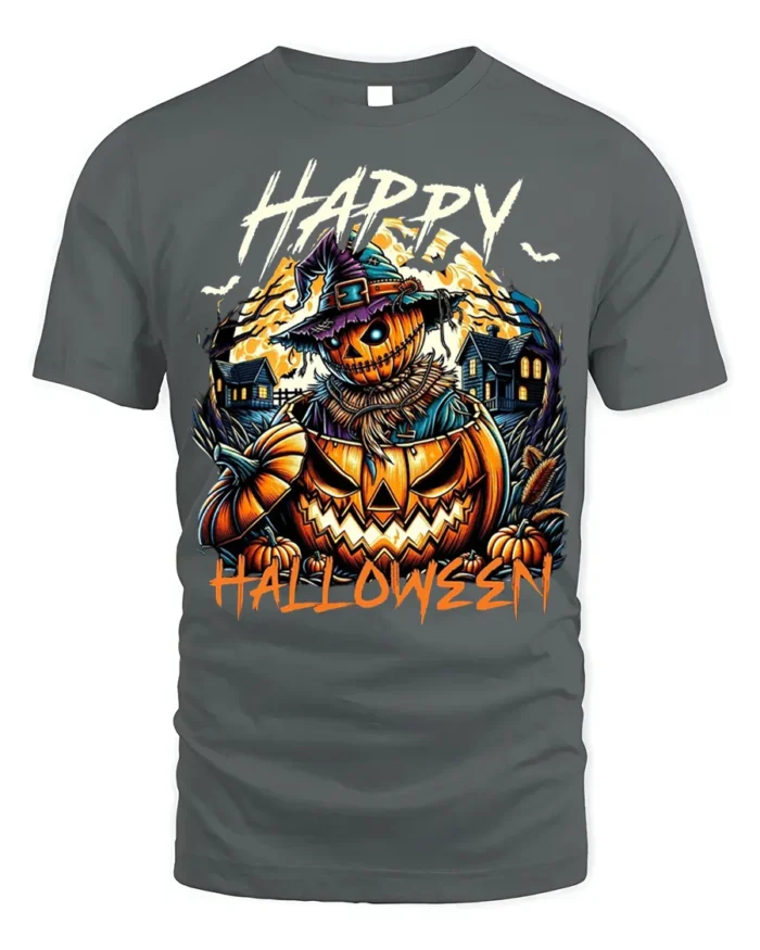 Creepy Pumpkin Scarecrow Happy Halloween T-Shirt - gray t-shirt on white background