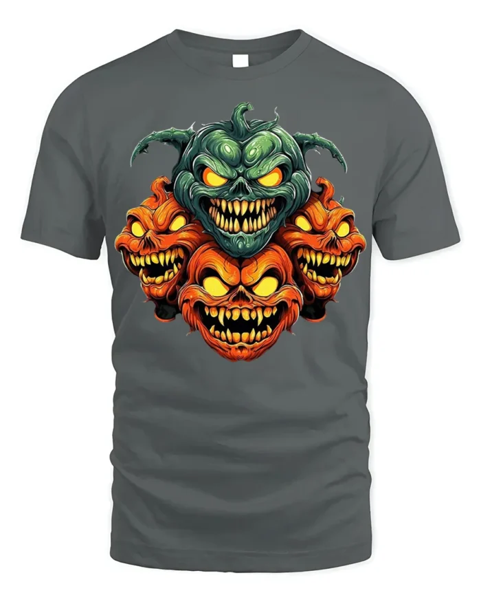 Evil Multi-Headed Pumpkin Monster T-Shirt - gray t-shirt on white background