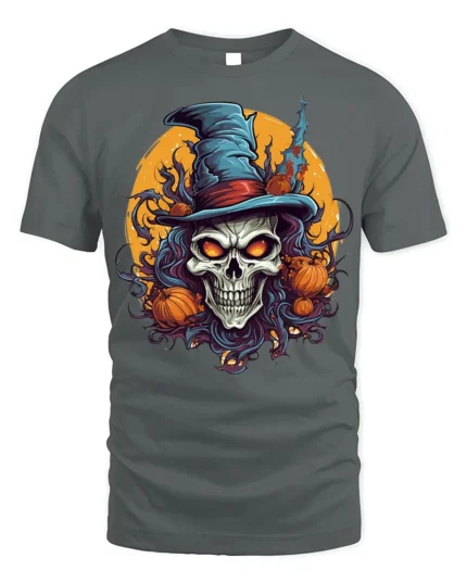Evil Witch Skull Pumpkin Moon Halloween T-Shirt - gray t-shirt on white background